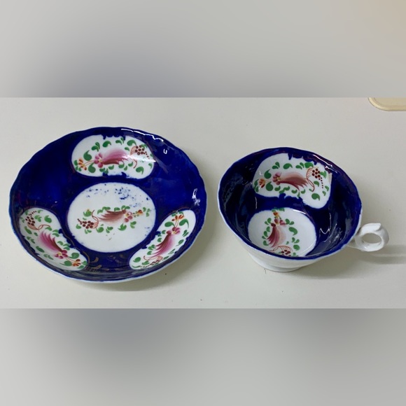 19th Century Antique Gaudy Welsh Feather Pattern Cup & Saucer Tea Set - Picture 9 of 16